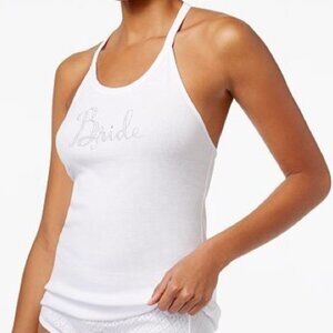 Betsey Johnson White Bride Tank Top Lace Rhinestones Rib Knit Large